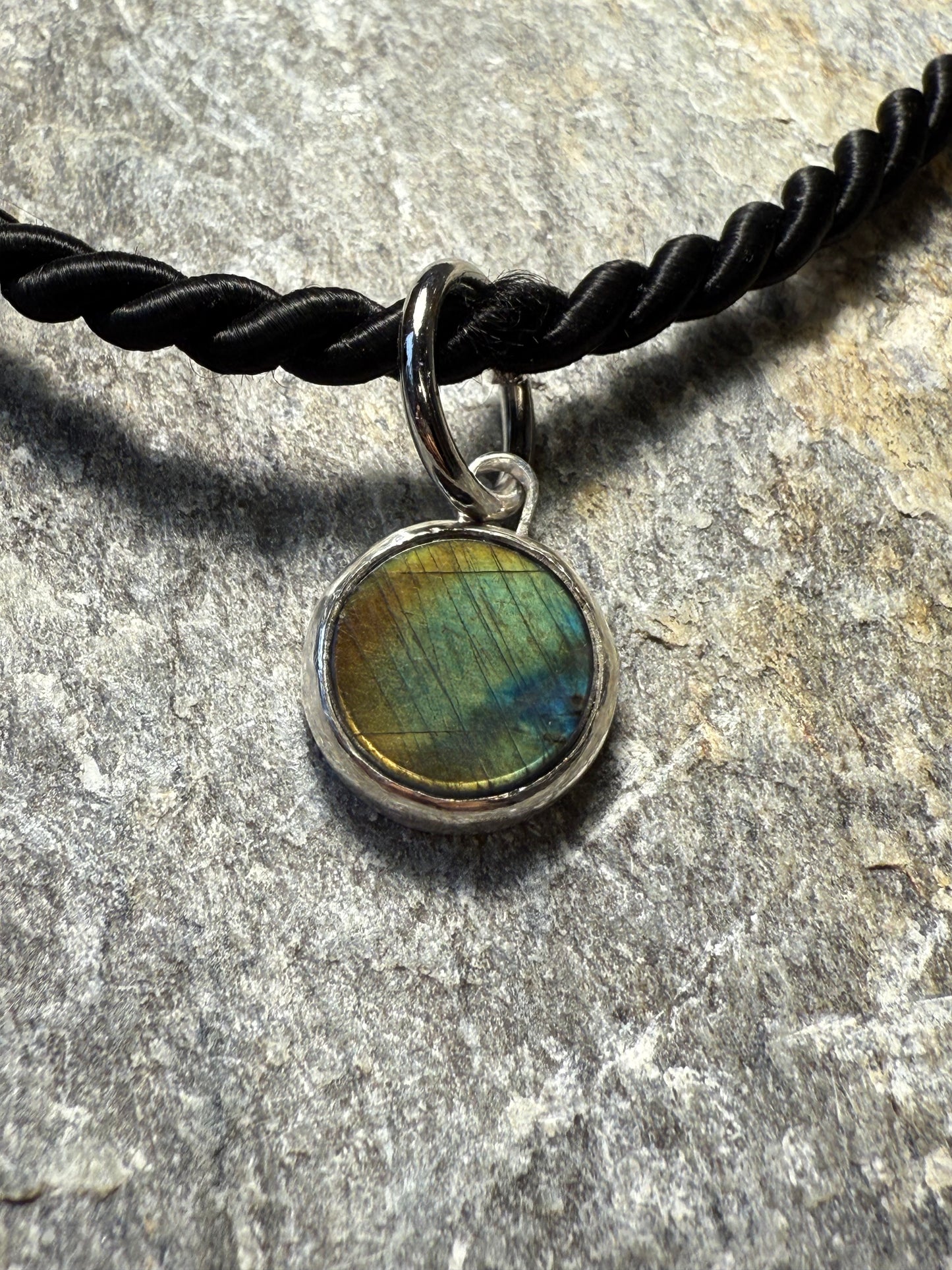 Classic Spectrolite Circle Pendant on Rope Necklace