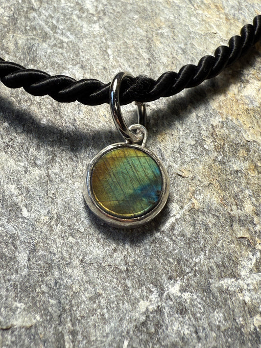 Classic Spectrolite Circle Pendant on Rope Necklace